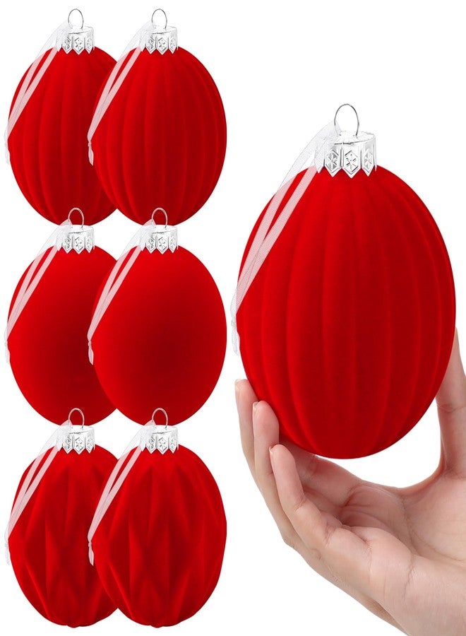 Beeplove 4in Large Velvet Ornaments for Christmas Tree - 3 Styles, Red Flocked Ornaments Christmas Balls for Vintage Xmas Holiday Party Hanging Decorations, 6PCS - Image 1